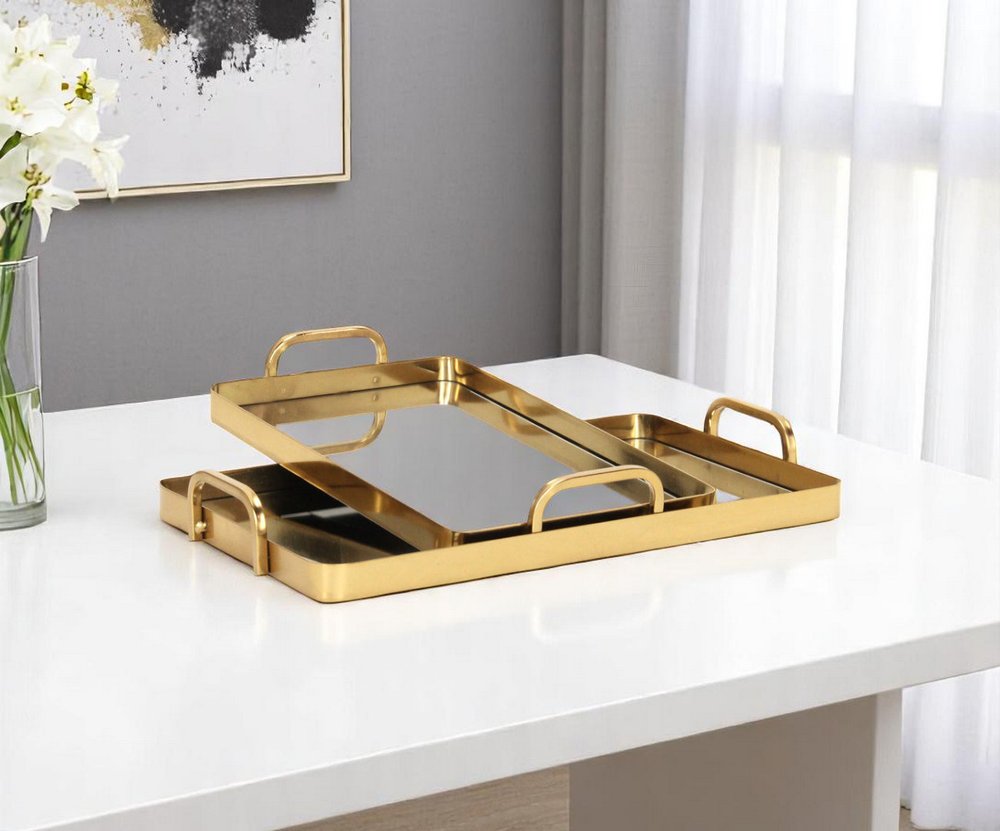 Set of Two Gold And Mirrored Glass Handmade Serving Trays