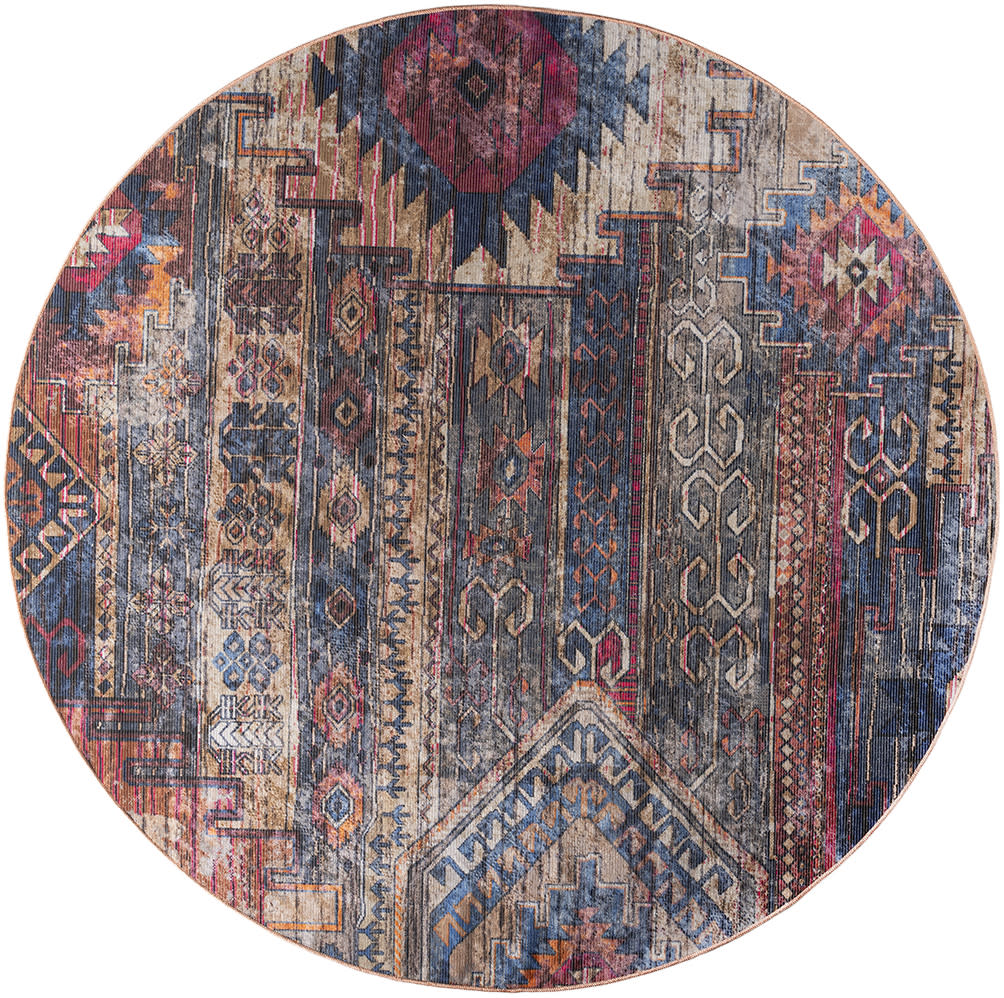 Round boho kilim rug with geometric tribal motifs in navy, red, beige and blue.