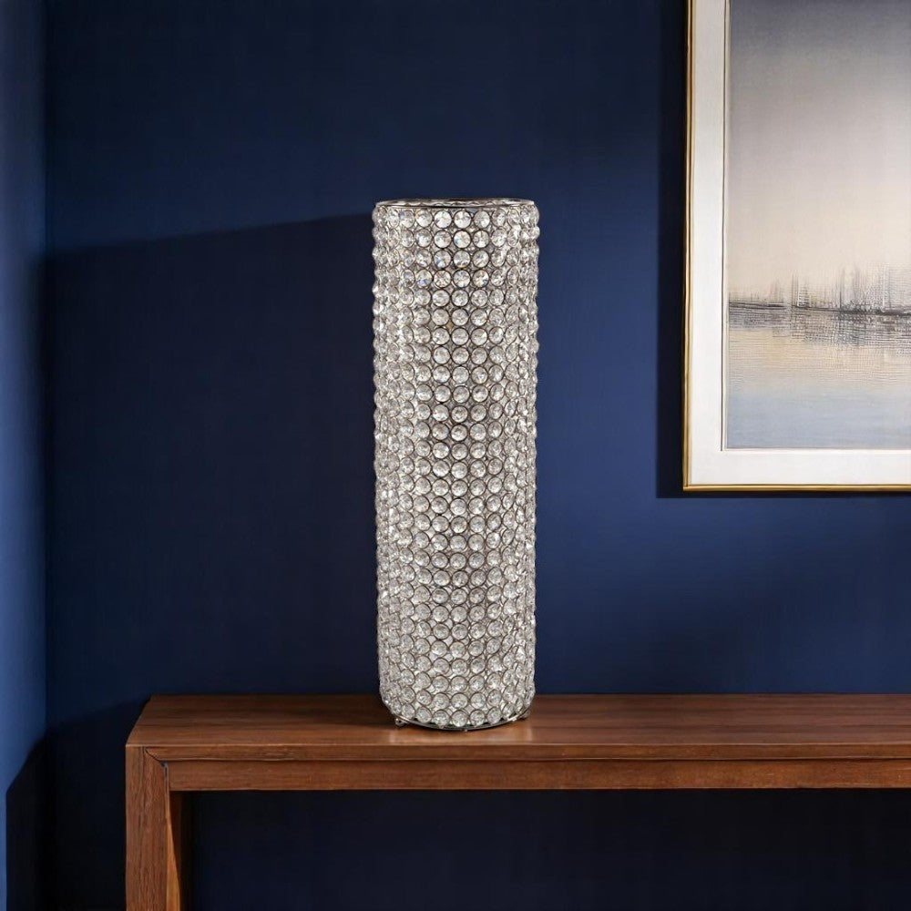 21" Clear And Silver Faux Crystal And Metal Table Vase