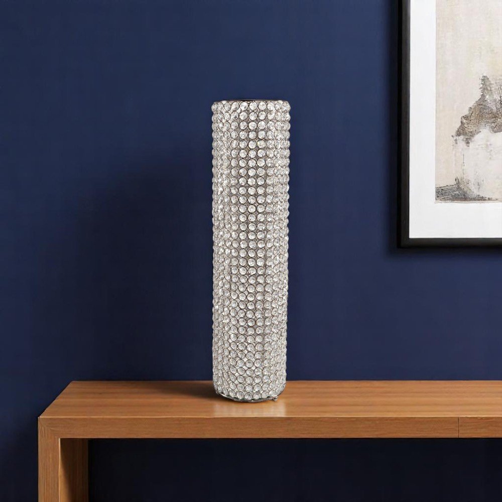 25" Clear And Silver Faux Crystal And Metal Table Vase