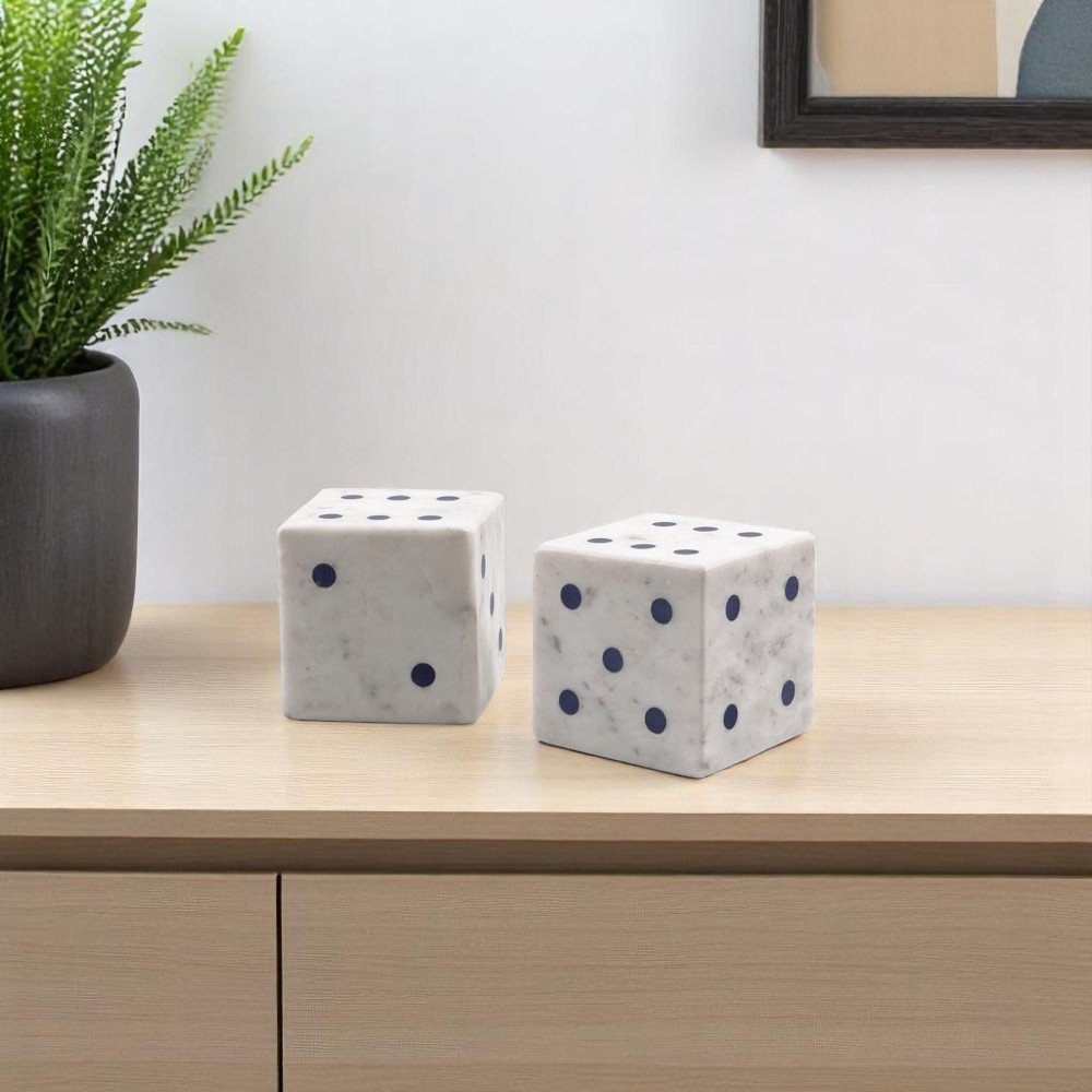 Set of Two White Marble Hand Painted Dice Tabletop Sculpture
