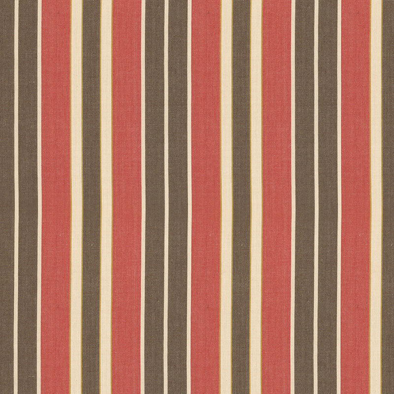 Vertical striped fabric in brown, red, and tan with pale yellow accents; retro woven pattern.