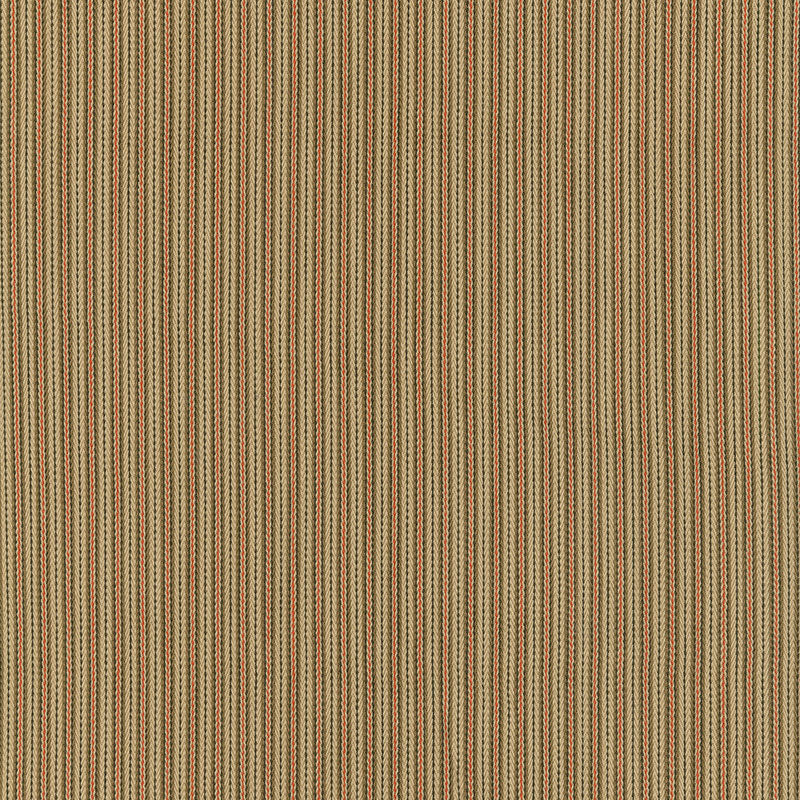 Beige striped woven upholstery fabric with narrow vertical brown and red accents; versatile for furniture.