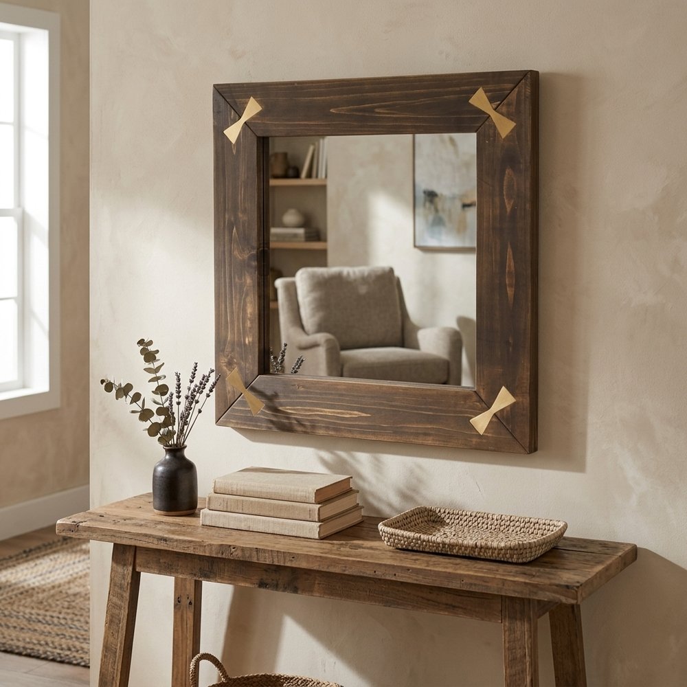 22" Brown Wood With Gold Bows Square Accent Mirror
