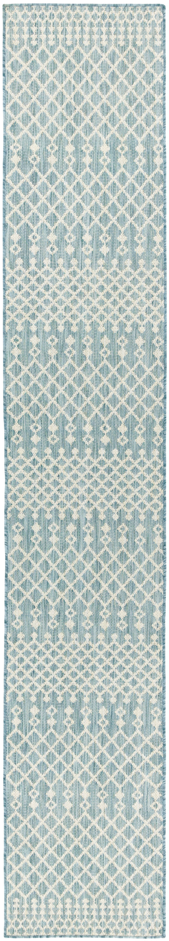 Blue and white geometric lattice runner rug; narrow woven textile with diamond trellis pattern, ideal hallway or stairs.
