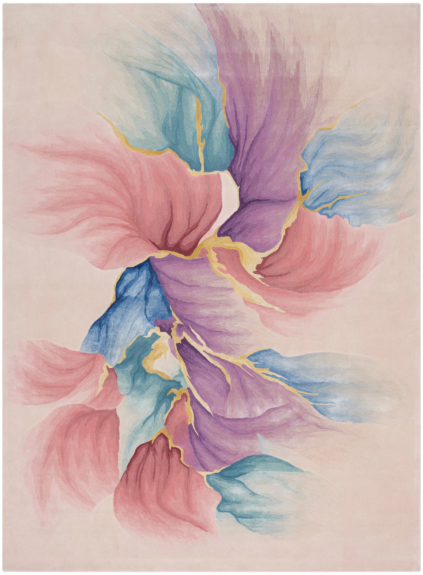 Pastel abstract floral rug featuring pink, purple, blue petals with gold outlines on a cream background.