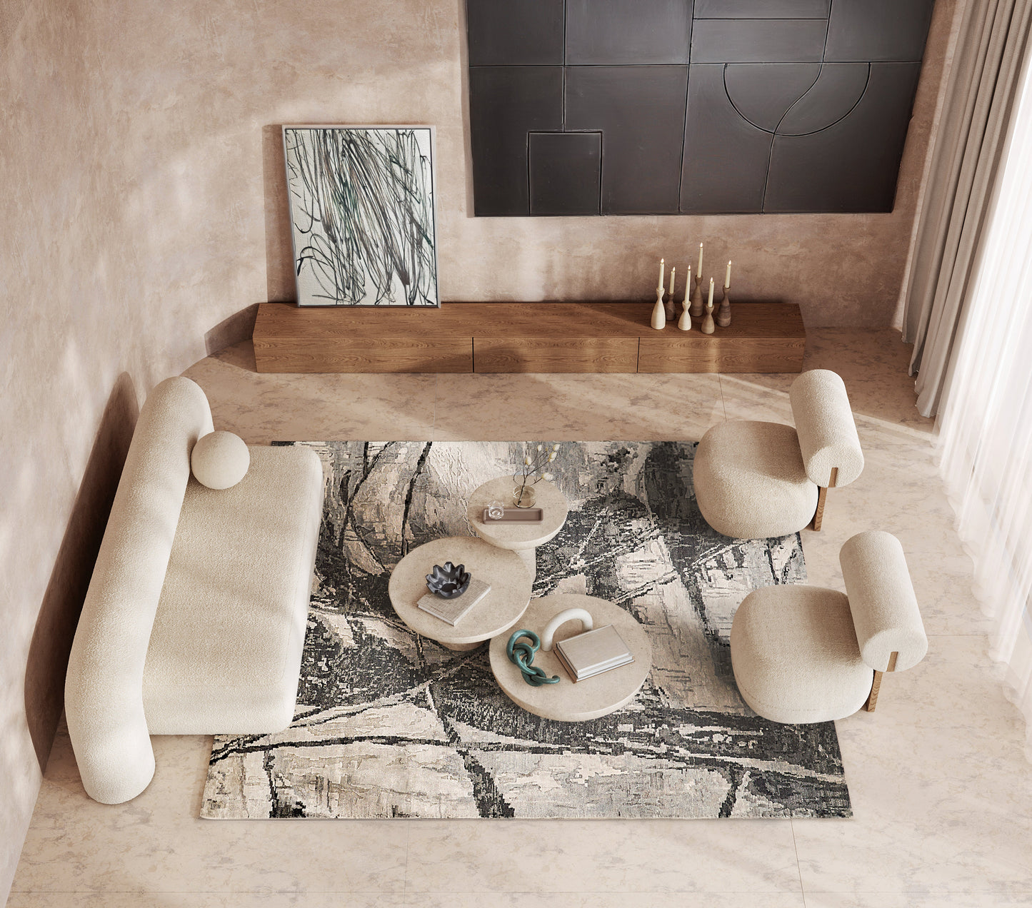 Beige hand-loomed indoor rug with a textured abstract pattern.
