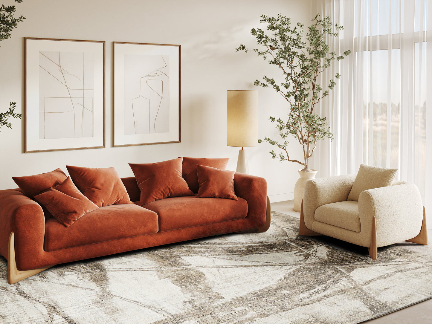 Rust-orange rug in a living room with a beige sofa and beige armchair; abstract art, plant, and lamp.