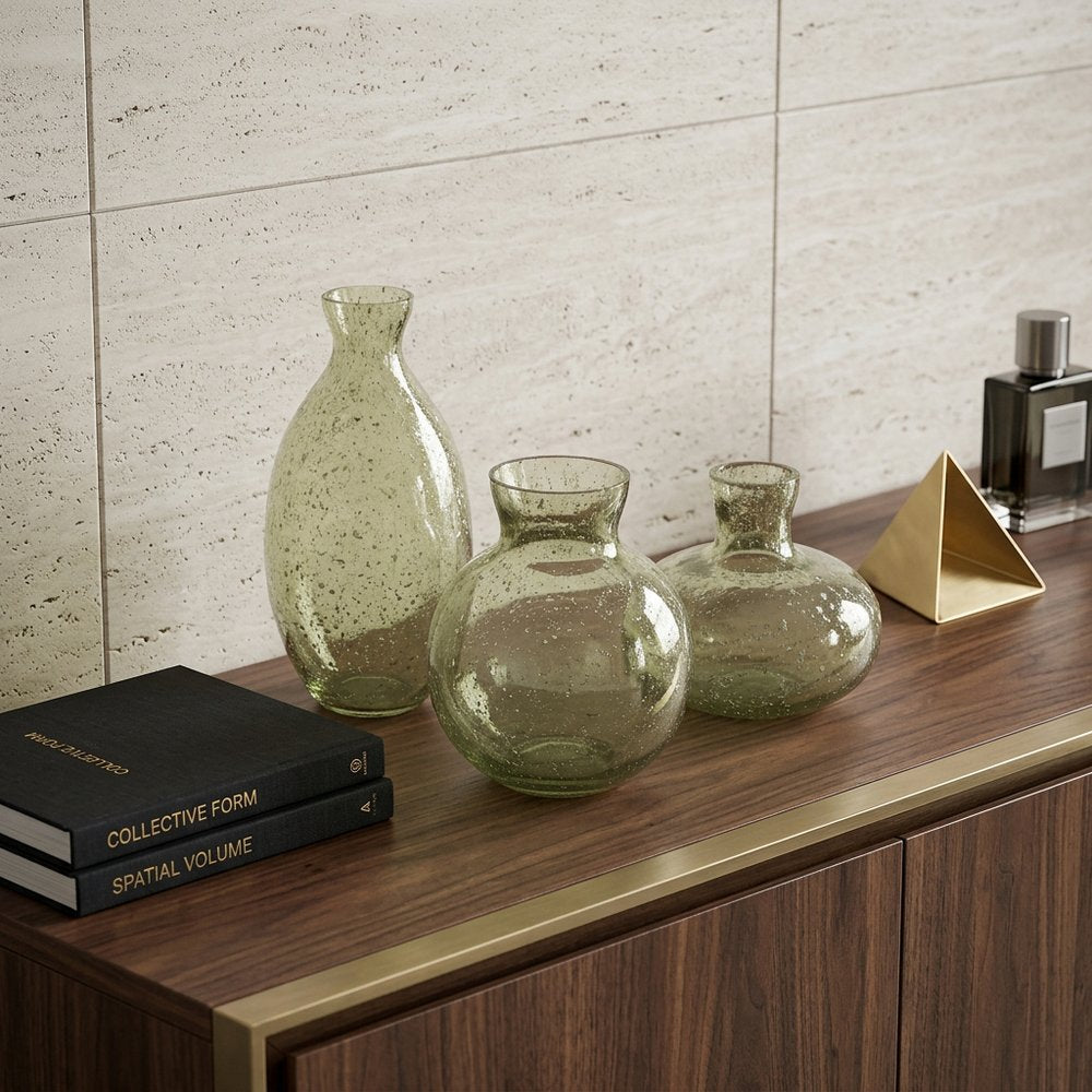 Set of Three Sage Green Seeded Bubble Glass Table Vases