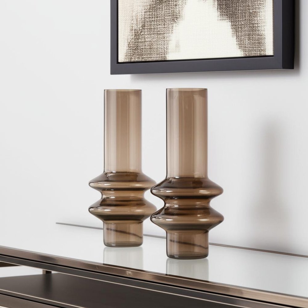 Set of Two Translucent Taupe Glass Cylinder Table Vases