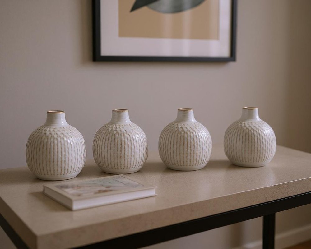 Set of Four Natural and Off-White Ceramic Bud Vases with Sculptural Details