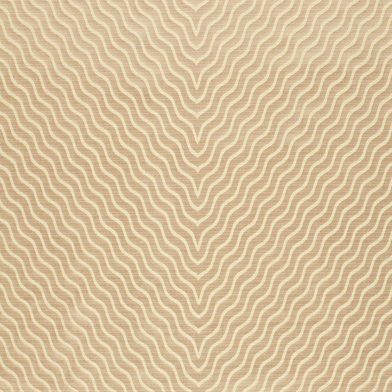 Beige wallpaper with repeating white wavy lines forming a chevron-style wave pattern.