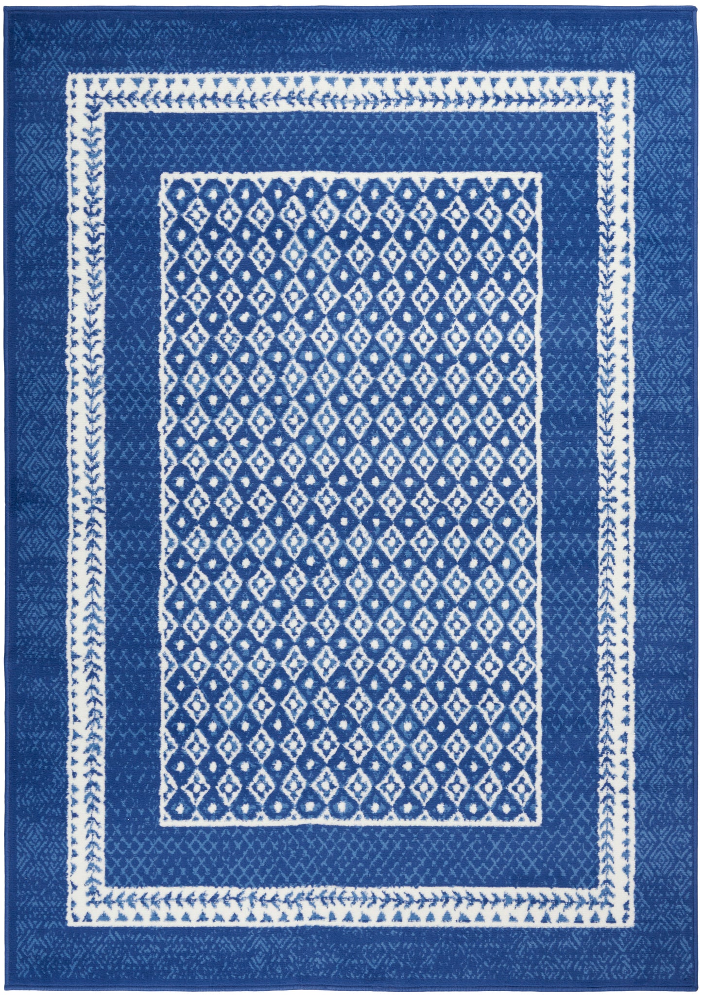 Blue rectangular rug with white diamond lattice center and double white border pattern.