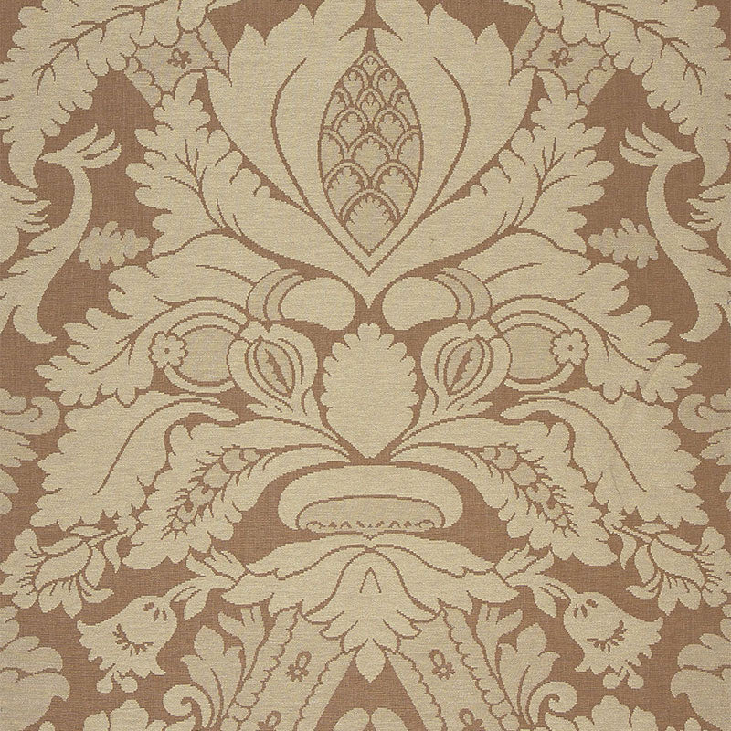 Beige damask upholstery pattern on brown background with ornate floral scrolls and symmetrical motifs