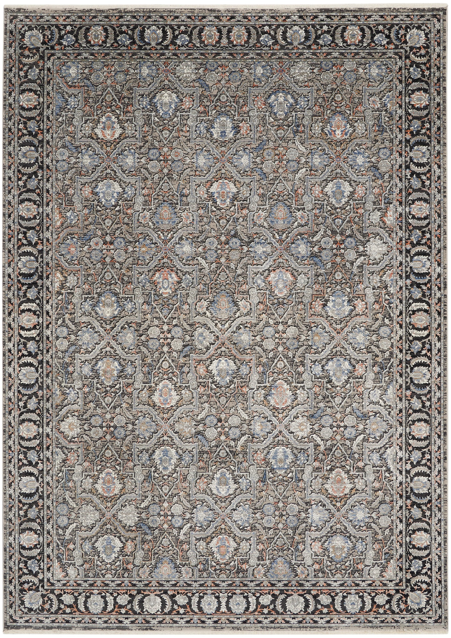 Beige-gray ground with blue and rust tones in an arabesque lattice rug, bordered by a black floral scroll border.