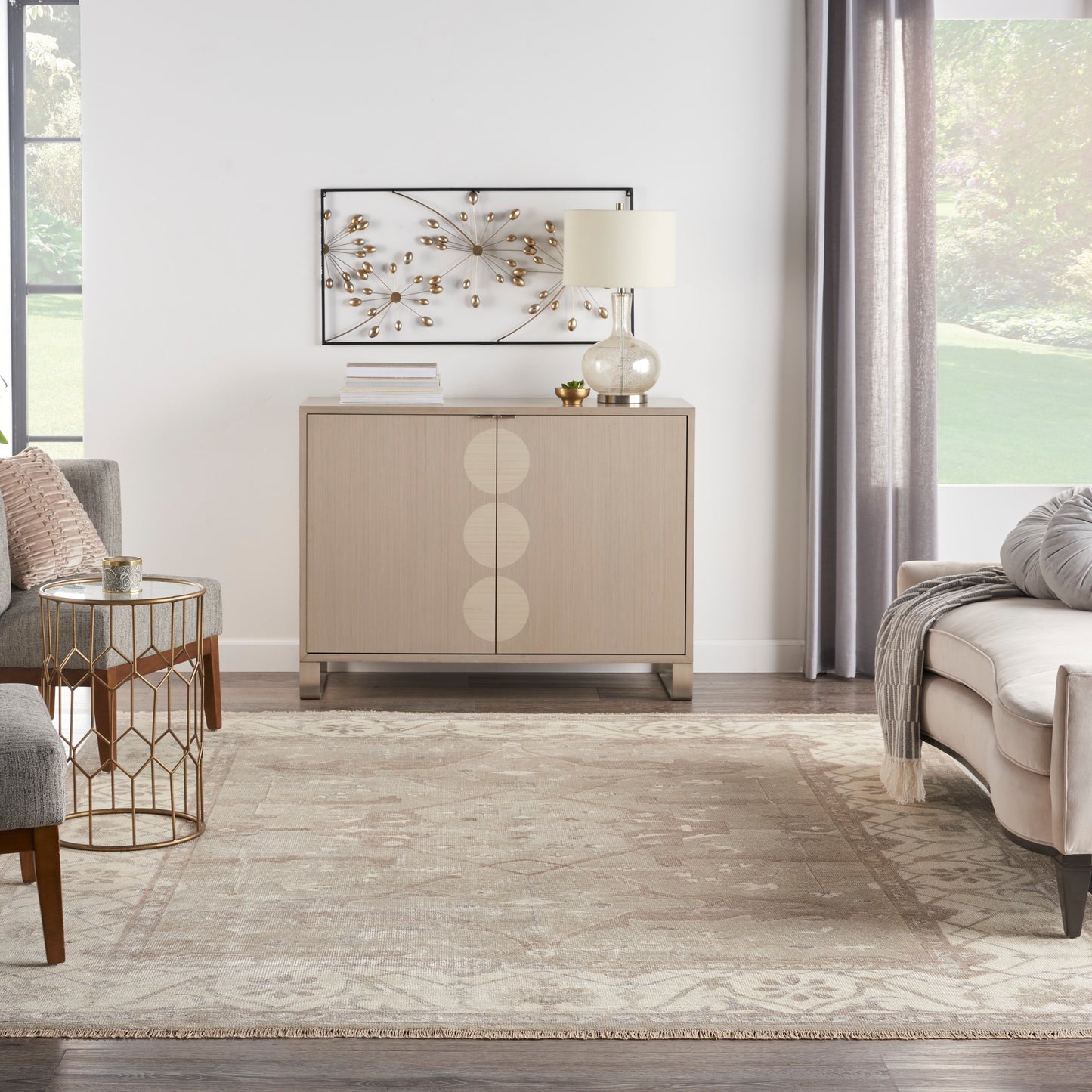 Beige vintage rug in a bright living room.