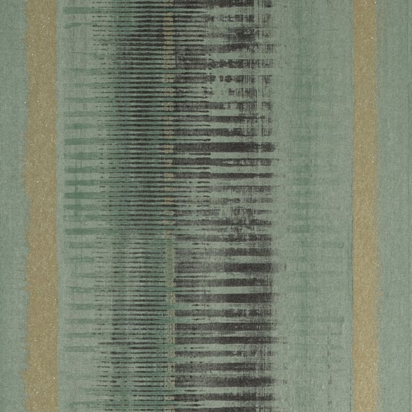 Abstract green wallcovering with gold vertical stripes and a dark brush-stroke center, modern geometric design.