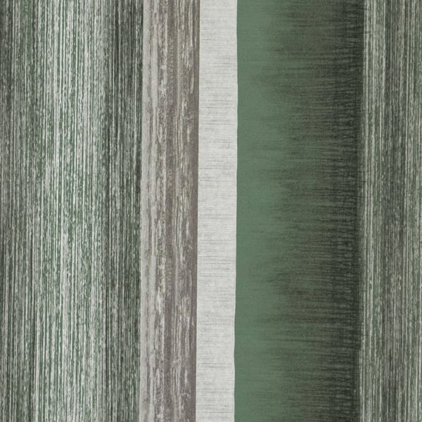 Vertical panel-striped wallpaper sample in green, gray and taupe with distressed woodgrain textures.