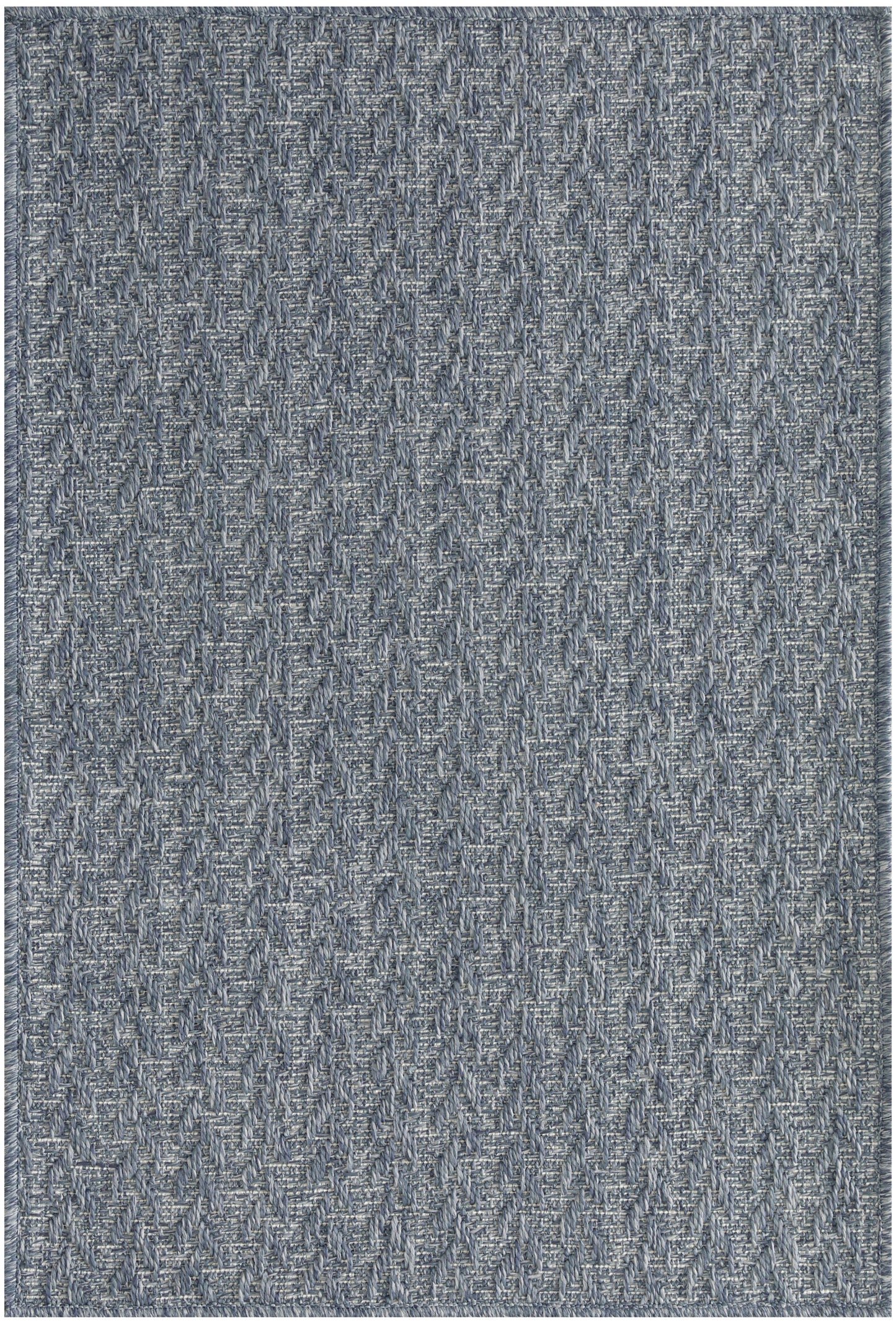Blue-gray textured woven area rug with a subtle chevron-like pattern and flecked surface; versatile for living rooms.