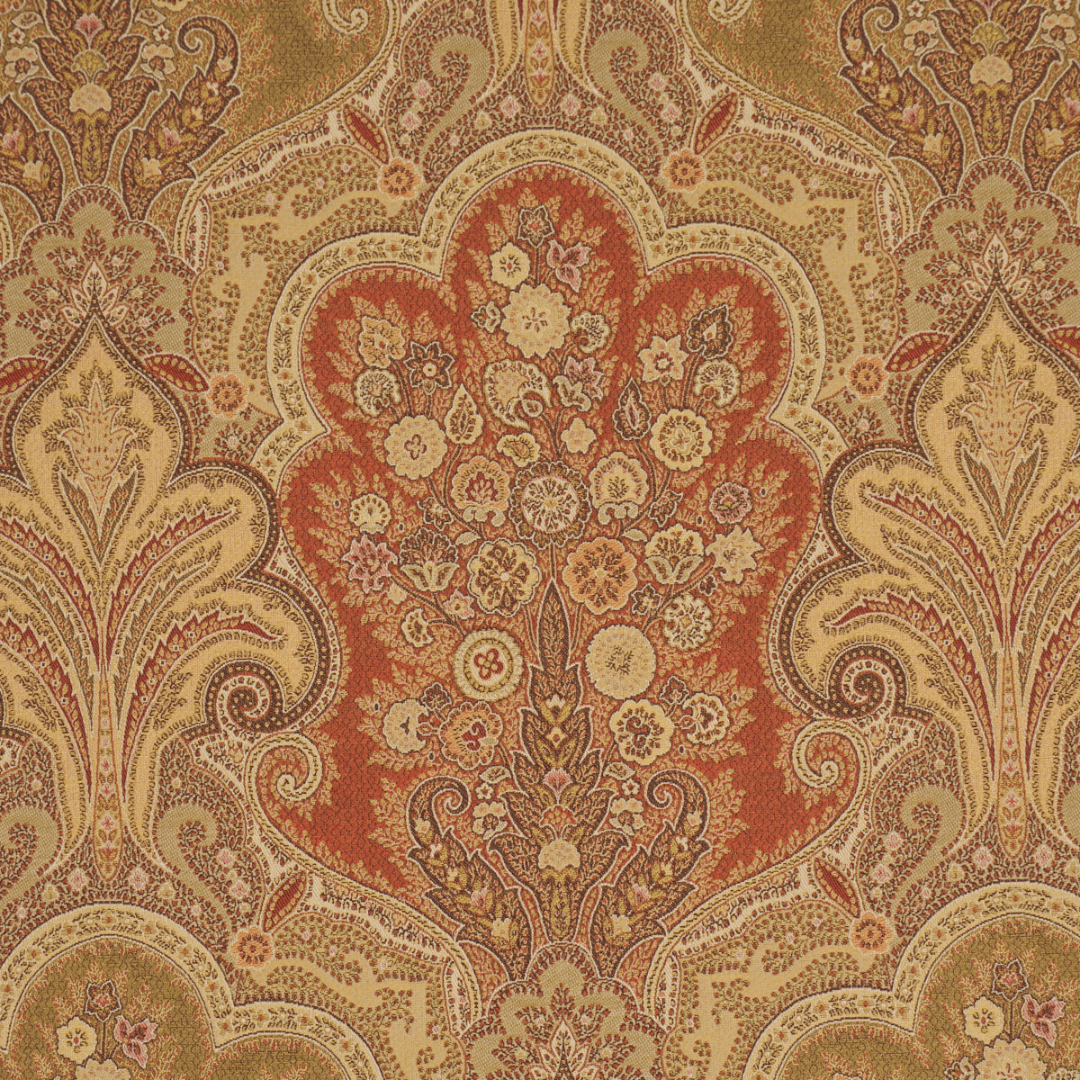 Persian-style oriental rug with warm red central medallion and gold-beige arabesque floral pattern, floor decor.
