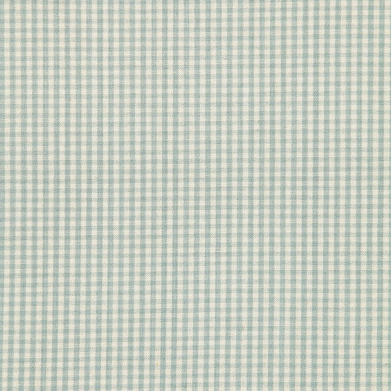 Light blue and white gingham check fabric swatch with small square pattern, cotton-like textile.
