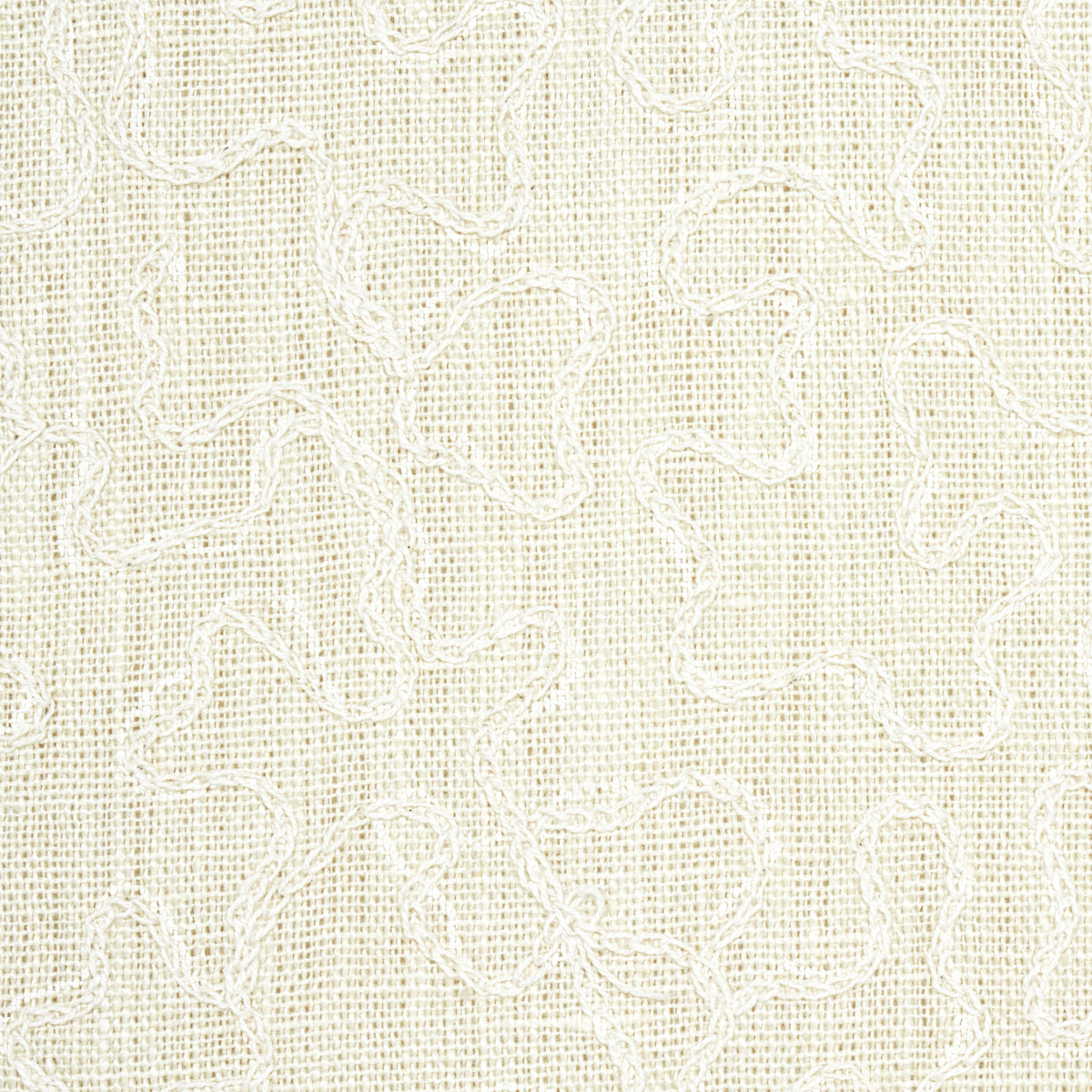 Cream linen fabric with white vermicelli embroidery forming delicate squiggly loop patterns.
