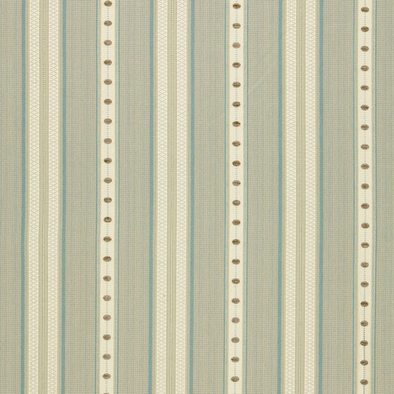 Blue-gray striped wallpaper with cream vertical bands and brown dotted accents.