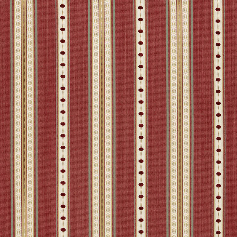 Rustic woven upholstery fabric with red and cream striped pattern and brown dotted accents.