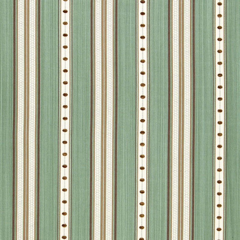 Aqua striped textile with white vertical stripes bordered by small brown dots; versatile upholstery or drapery fabric.