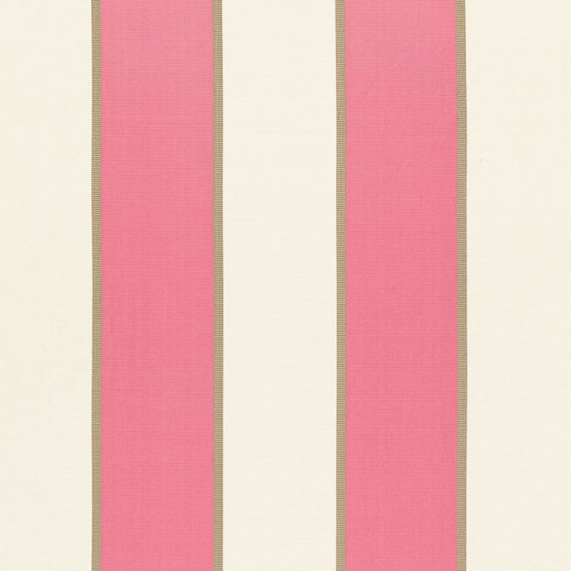 Cream linen-textured wallpaper with two tall pink vertical stripes outlined by thin gold borders.