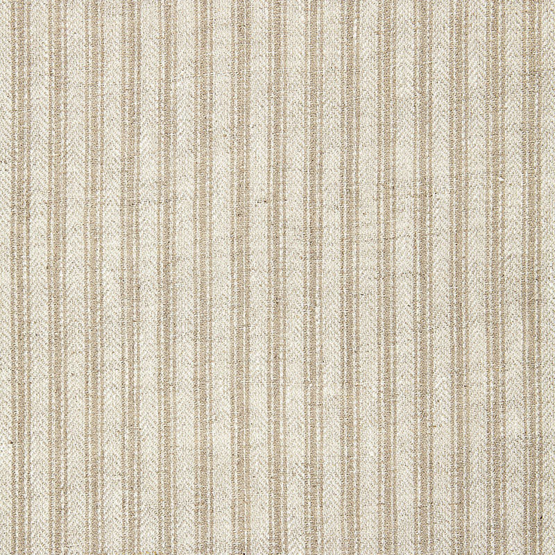 Beige striped woven fabric with vertical tan and cream stripes, textured linen/jute look.