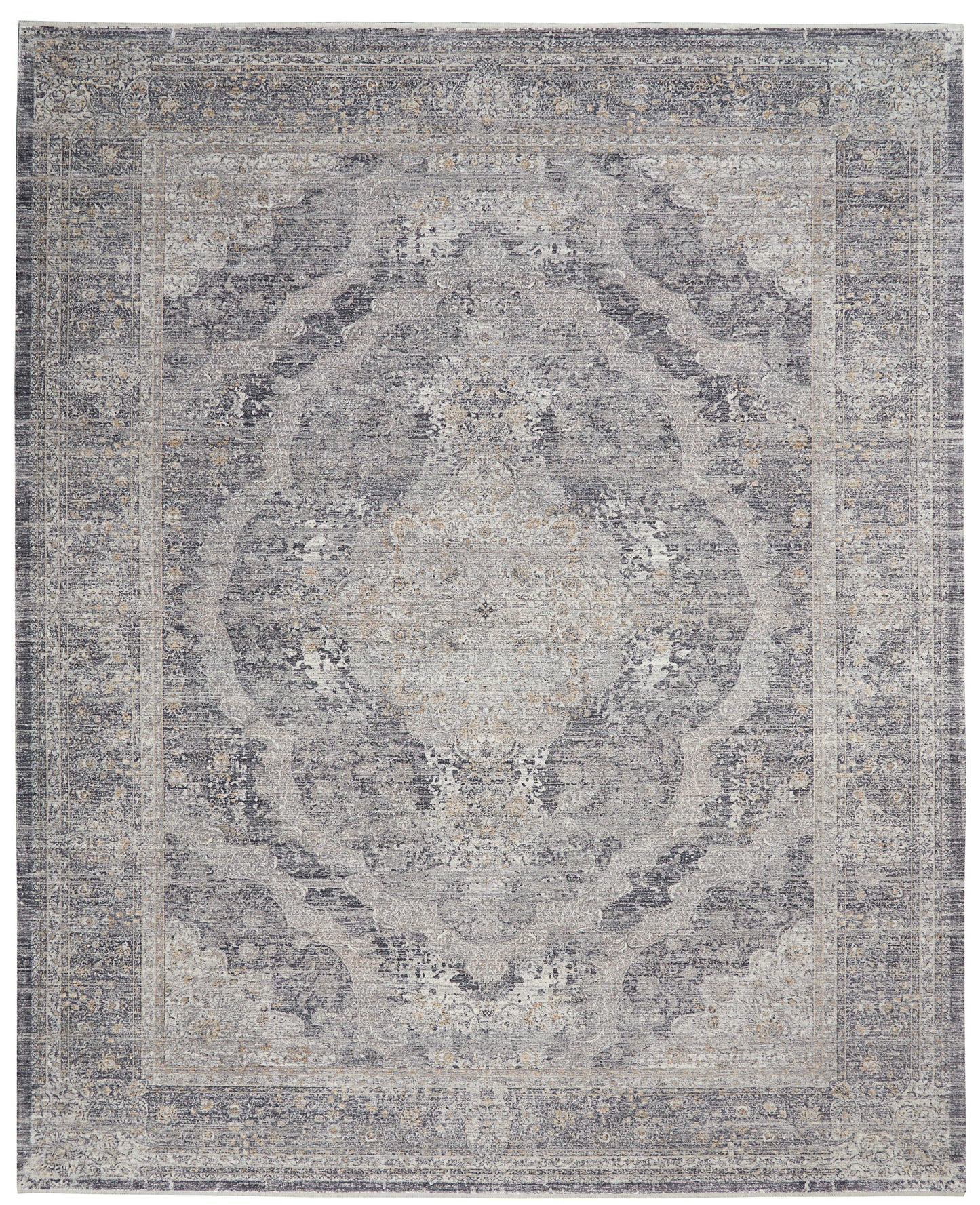 Muted gray-blue oriental rug with central medallion and scrolling border in vintage distressed style.
