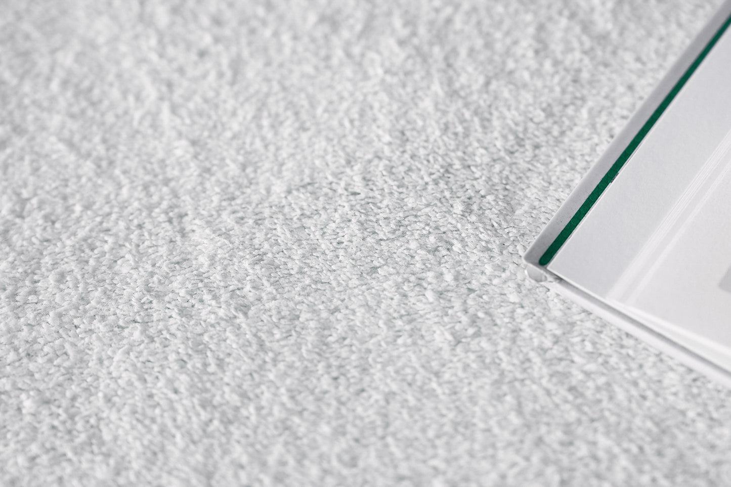 Close-up of a rug corner with a slim green edge on a gray textured surface, 4' x 6' rug.