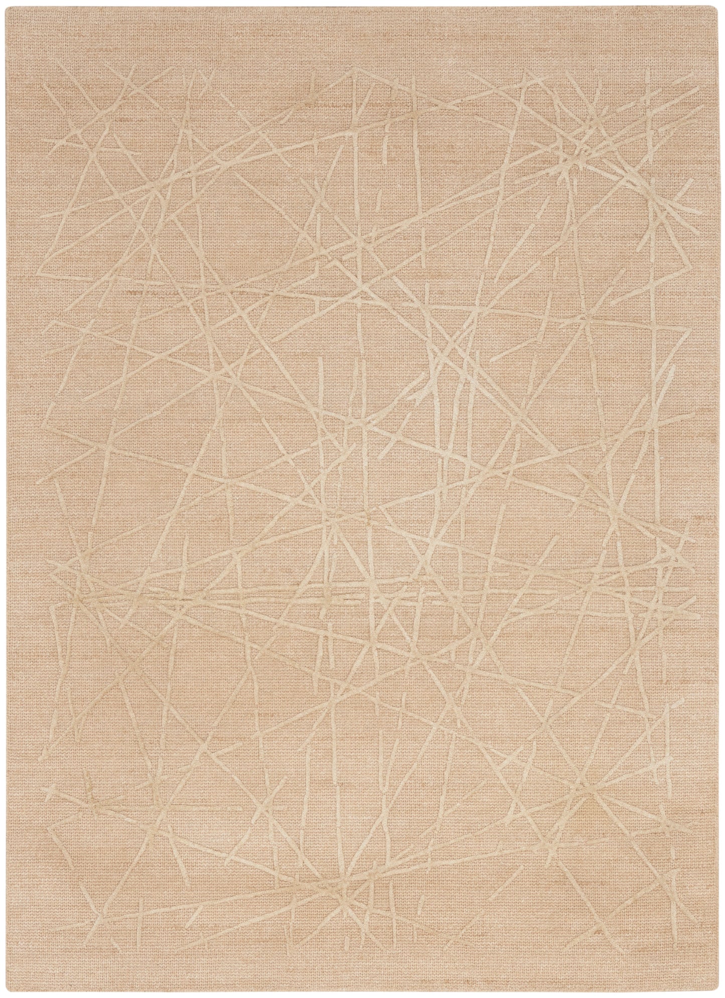 Beige rectangular rug with an abstract white crisscross line pattern; modern woven texture.