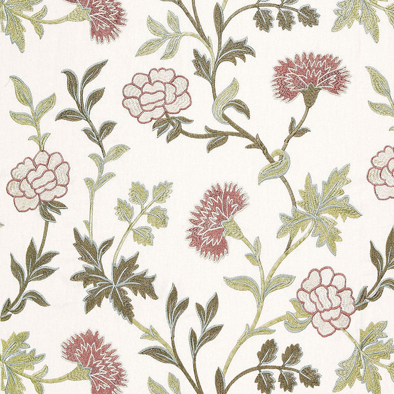 Cream backdrop featuring pink peonies and olive-green stems in a vintage botanical embroidery pattern on woven fabric.