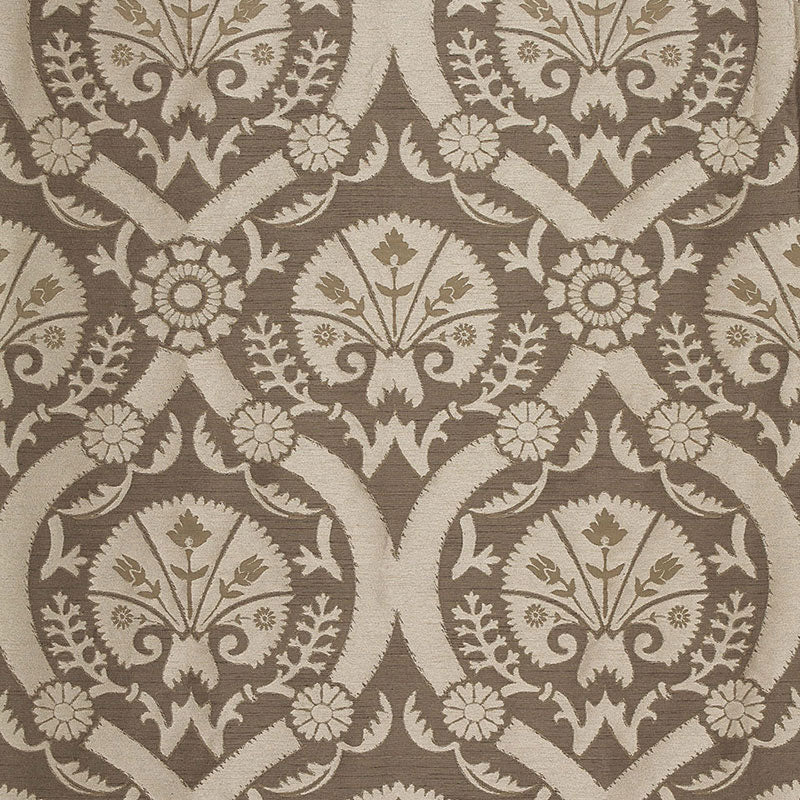 Beige damask pattern with brown floral medallions and scrolling vines in a repeating motif.