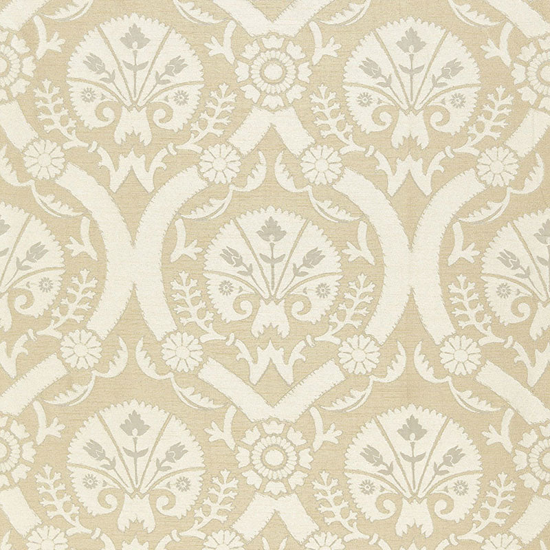 Beige damask pattern with ivory floral scroll motifs; elegant wallpaper or fabric design.