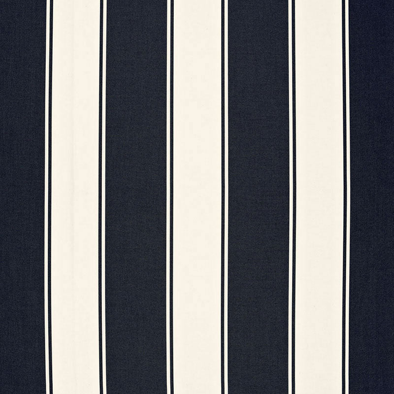 Navy & ivory vertical stripe fabric pattern; bold, classic textile for upholstery or curtains.