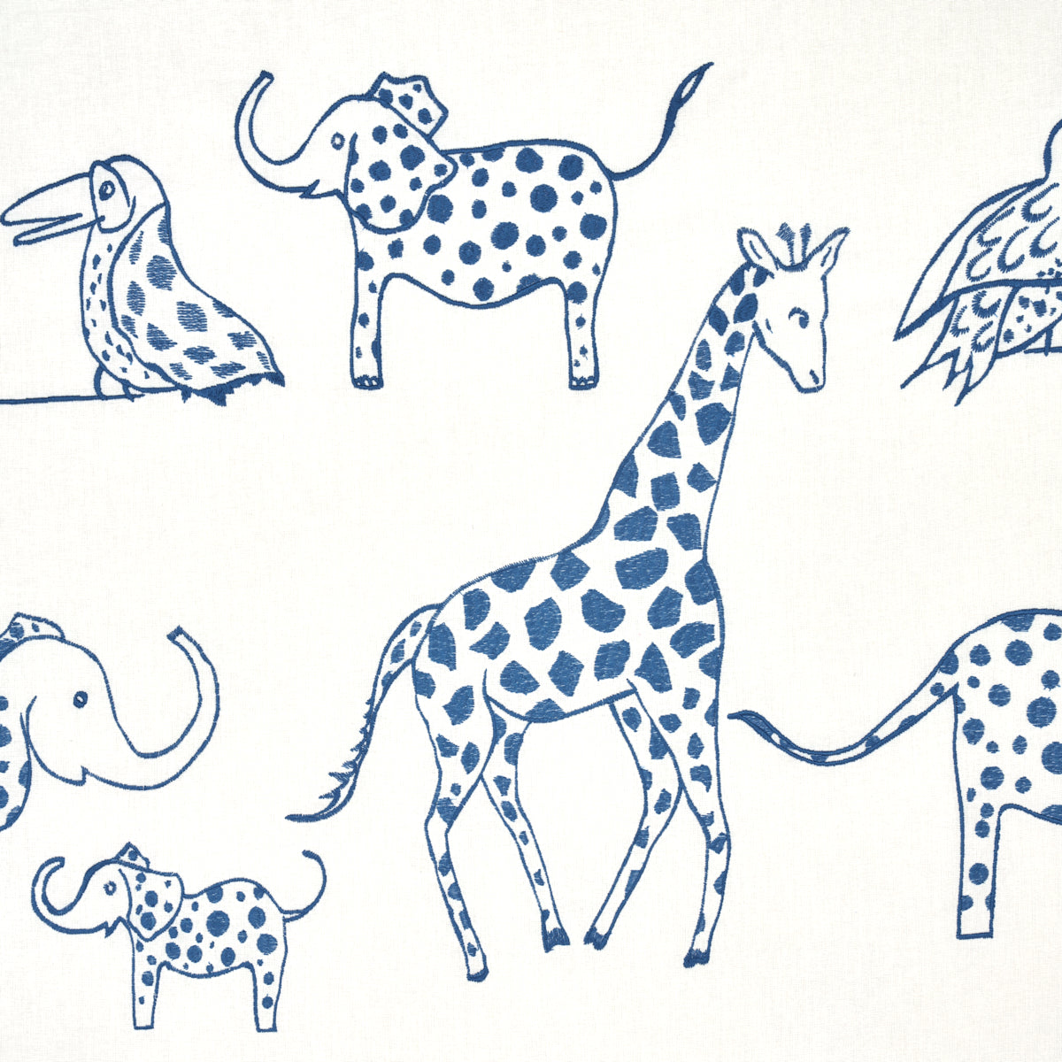 Blue ink animal sketch pattern featuring giraffes, elephants & a bird on cream textile background.