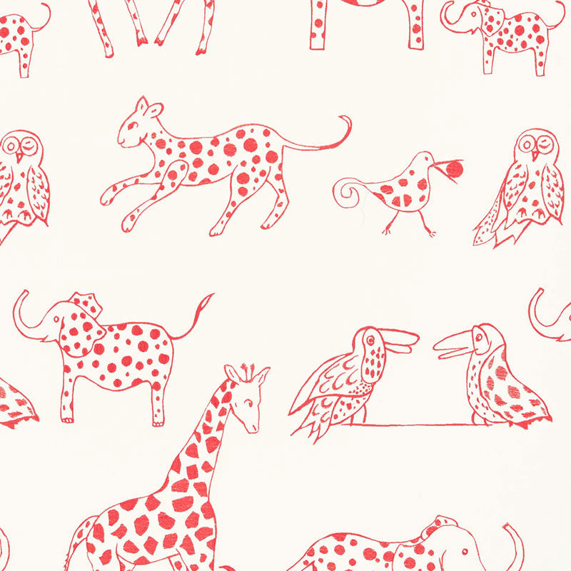 Whimsical red-dotted animal pattern on cream: spotted dogs, a giraffe, and birds with owls in sketchy outlines.