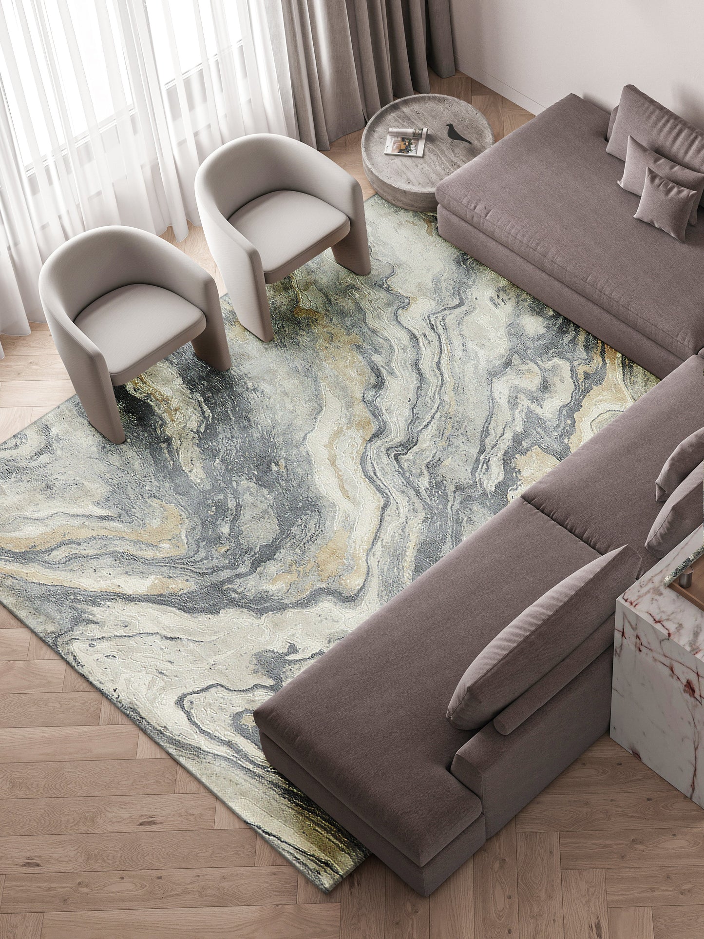 Blue-gray marbled rug.