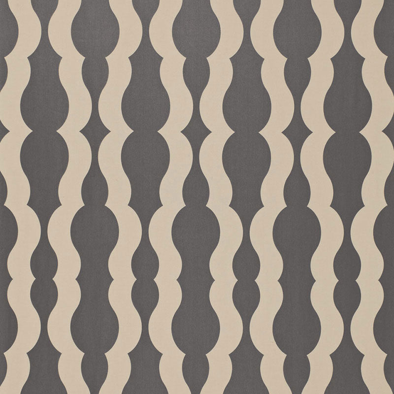 Beige and charcoal gray wavy vertical stripes with hourglass shapes, a bold geometric textile wallpaper or upholstery fabric.