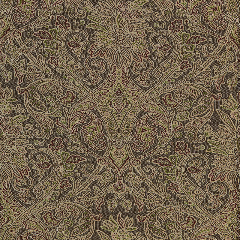 Damask-pattern upholstery fabric with ornate floral scrollwork in olive, gold and burgundy on dark brown.