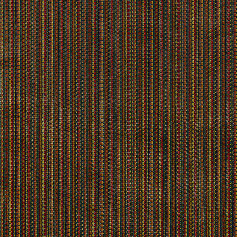 Woven textile with narrow multicolor vertical stripes in brown, orange, green, red and blue; rustic, dense fabric.