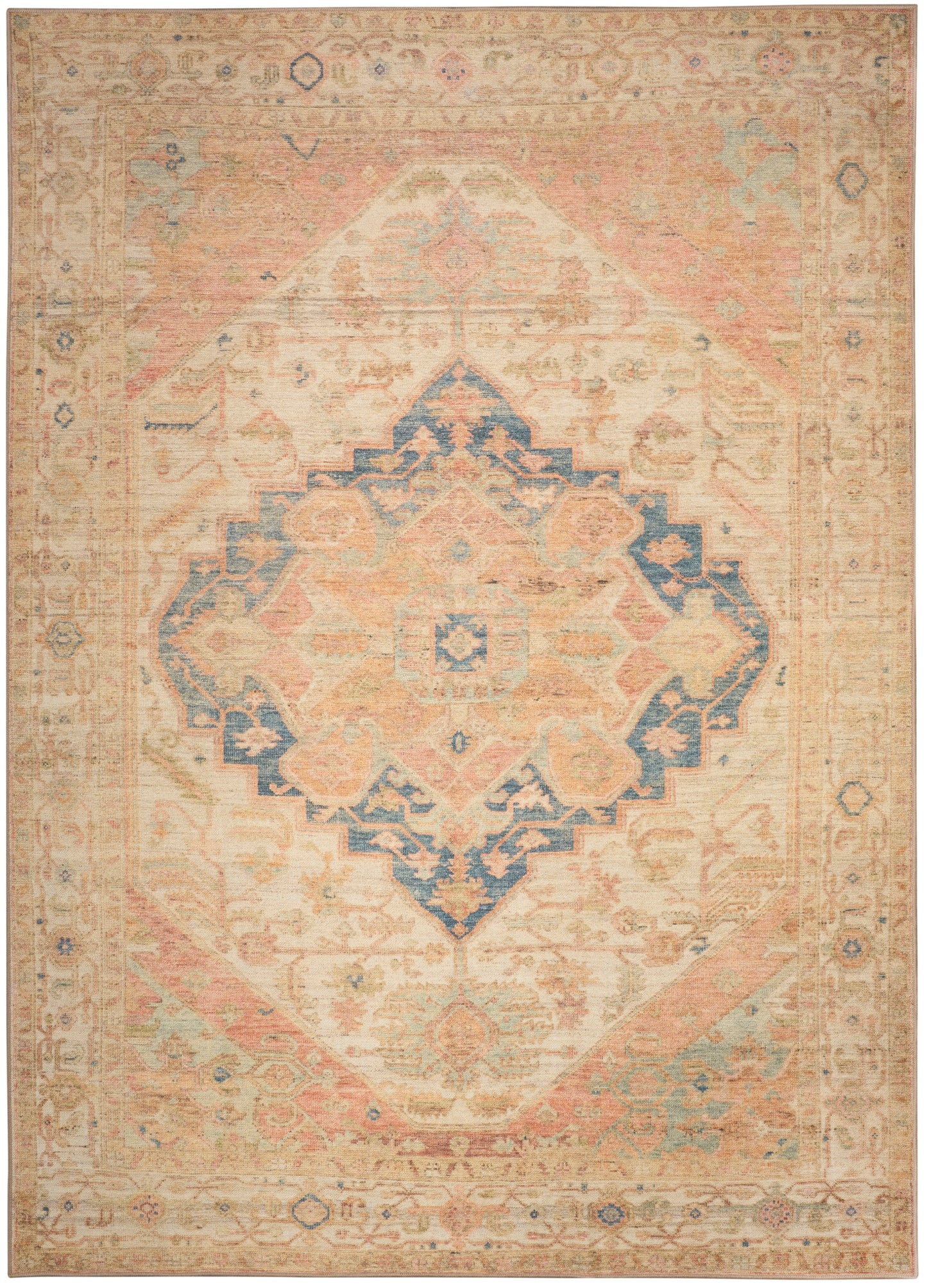 Distressed vintage-style rug in peach, ivory and blue with a central geometric medallion and faded border.