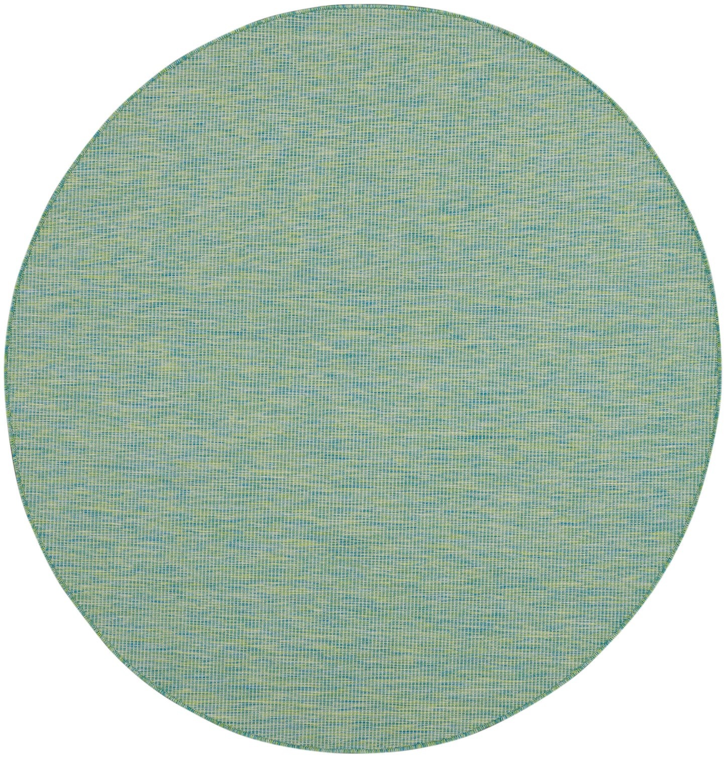 Round 6' diameter teal-green woven rug with subtle blue-green threads and a stitched edge.