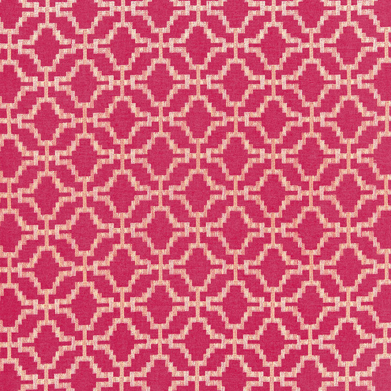 Magenta fabric with beige geometric lattice pattern; woven textile suitable for upholstery or rug.