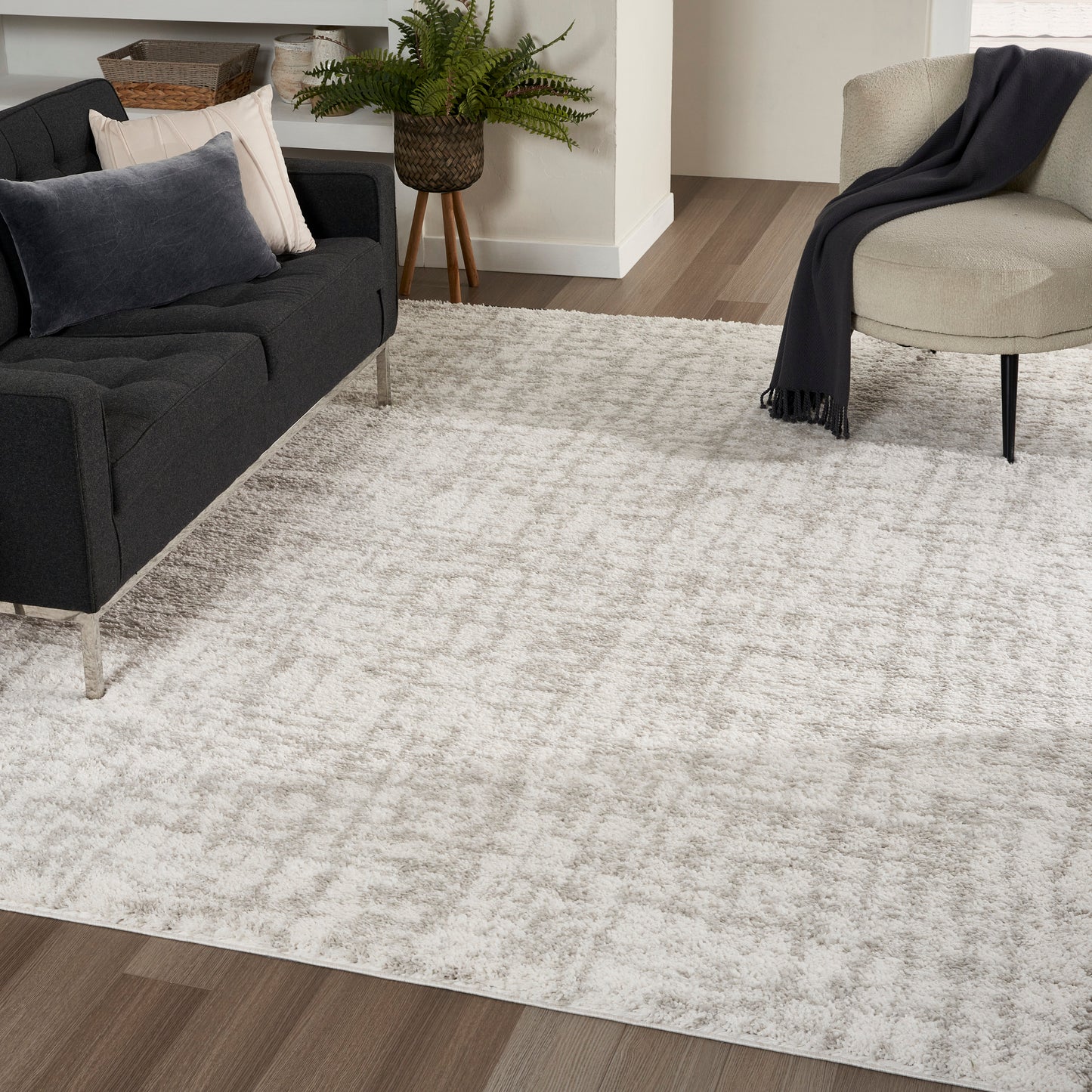 Beige textured rug on wood floor in modern living room with dark gray sofa, beige chair, and potted plant.