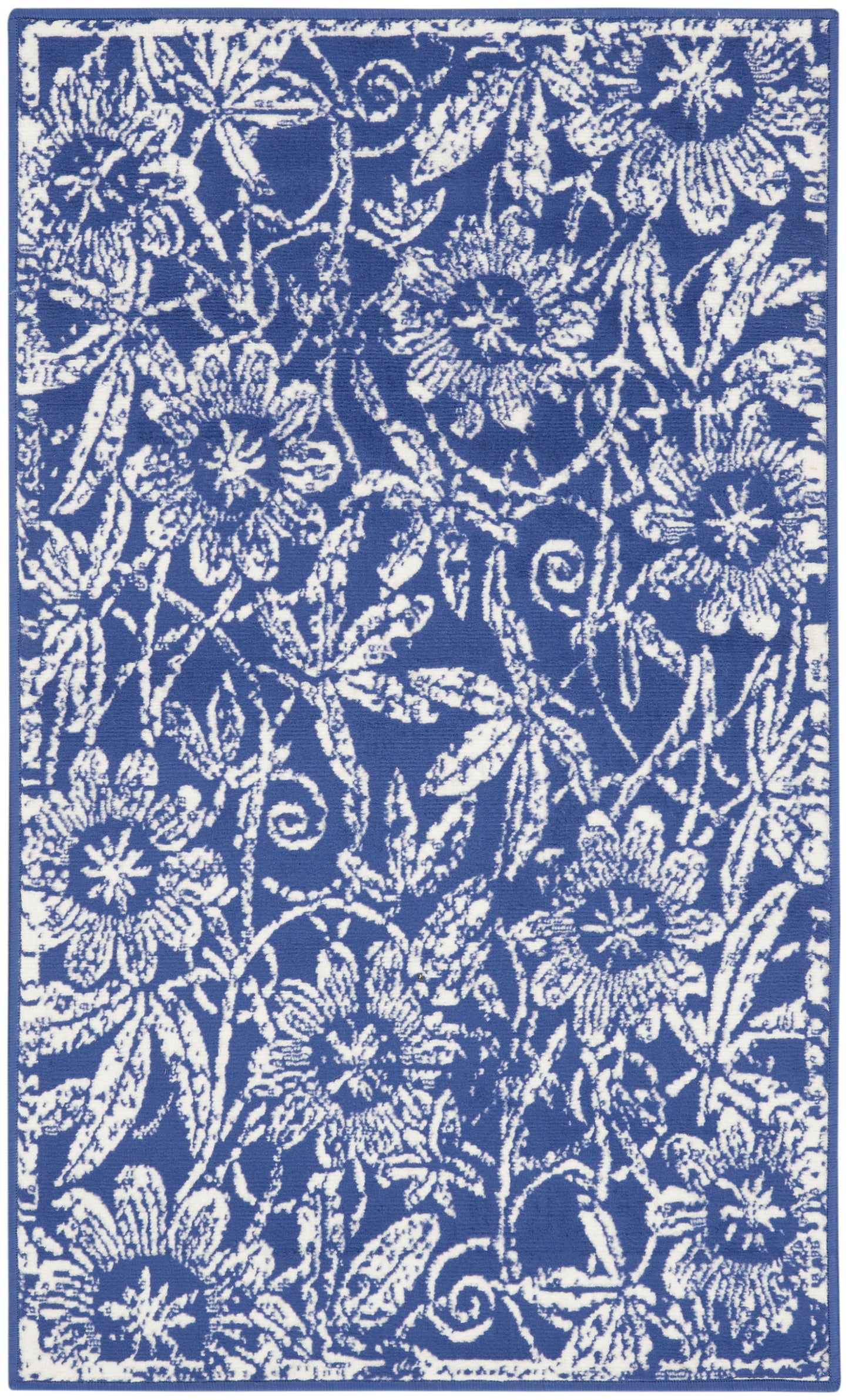 Blue textile with white floral damask pattern and vines; decorative fabric for towels, upholstery or drapes.
