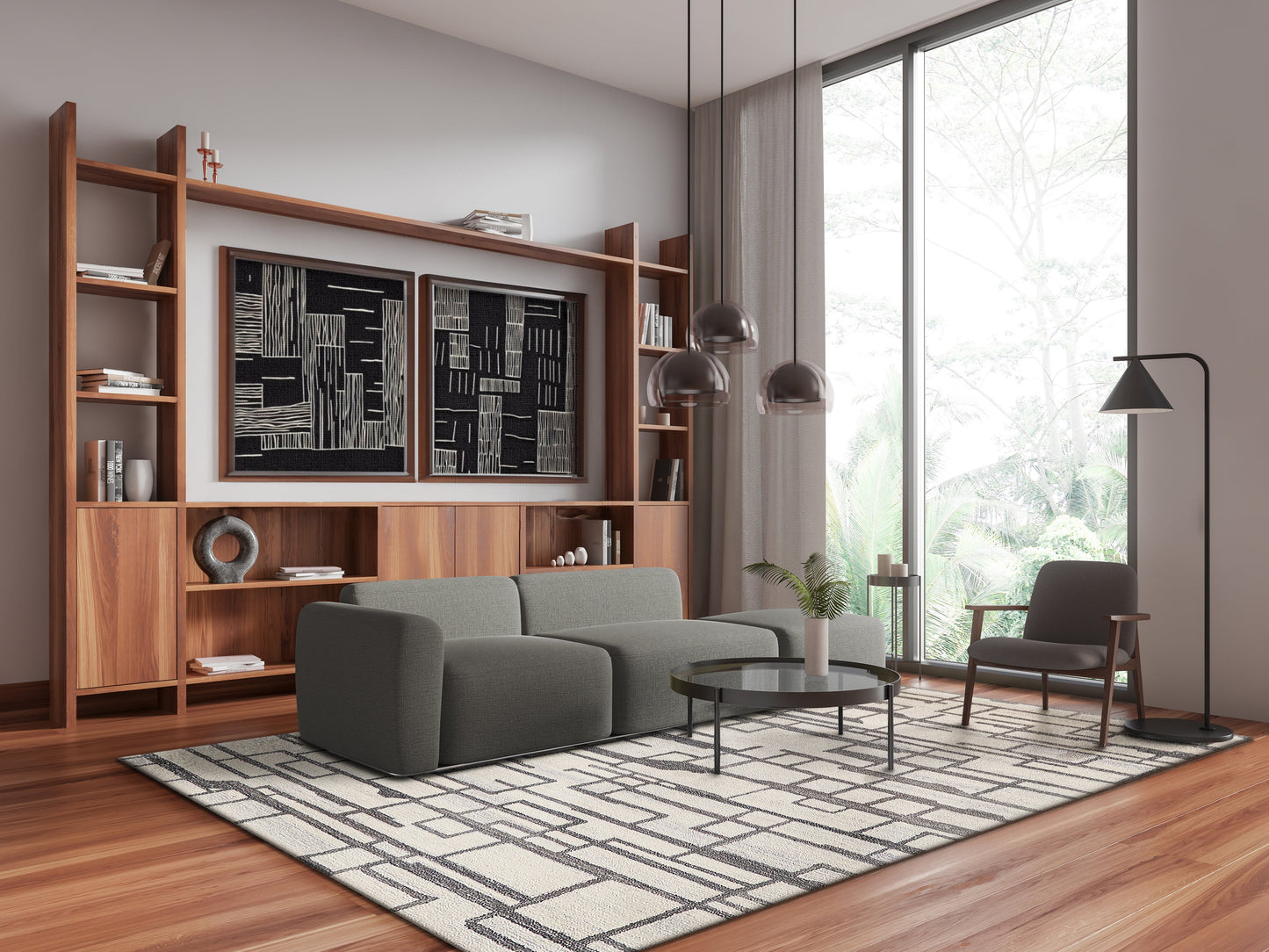 Modern living room with wooden shelving, gray sofa, round glass coffee table, geometric rug, floor lamp, large windows.